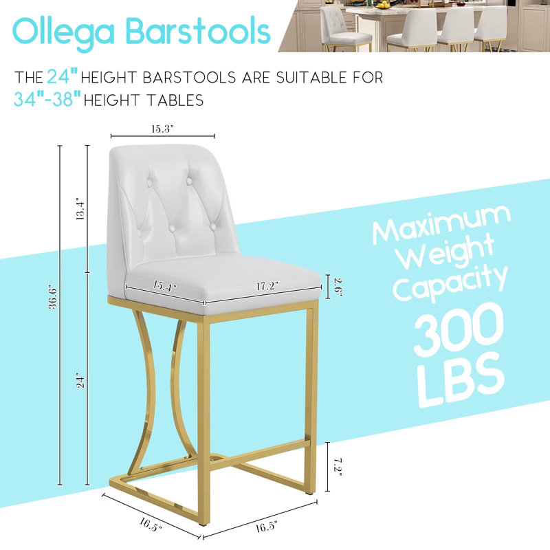 24" White and Gold PU Leather Counter Stools with Metal Frame, Set of 4