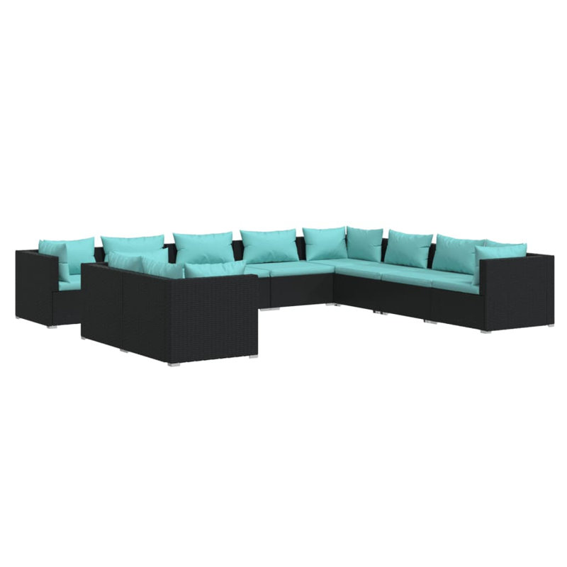 10 Piece Lounge Sofa Seating Group, Black, Water Blue