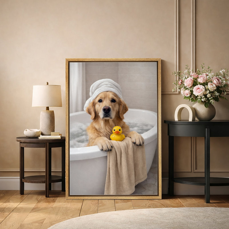 Mignon Golden Retriever Bath Time Duck, impression sur toile, impression sur toile encadrée, H 24 po x l 16 po x P 1,5 po