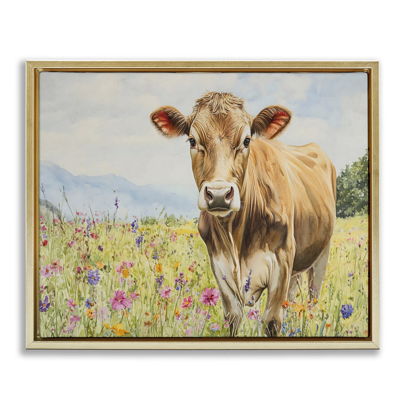 «Swiss Cow in Meadow Floater», art mural par Franklyn Gregory, H 25 po x l 31 po, Cadre flottant métallique doré