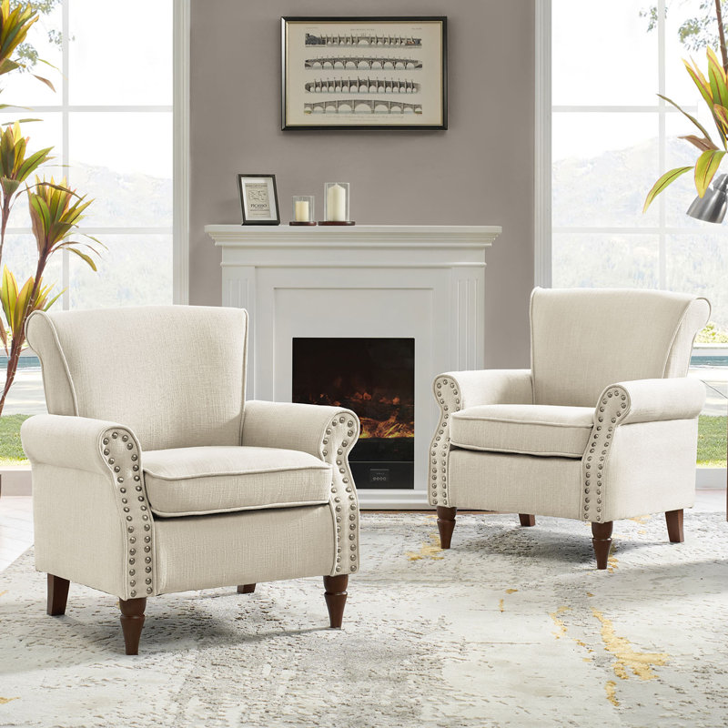 Mooresville Upholstered Armchair with Solid Wood Legs, Ivory Polyester