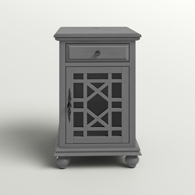 Ahmara End Table with Storage and Built-In Outlets, Grey Top / Grey Base