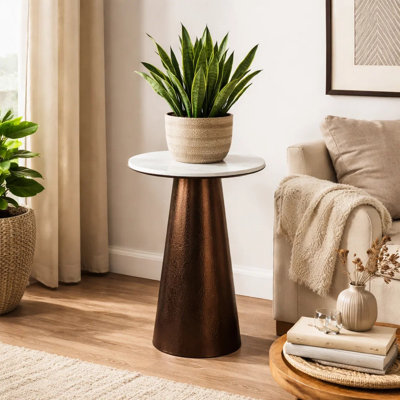 Plant Stand Accent Table, Bronze Metal, White Marble Top, 23 Inch