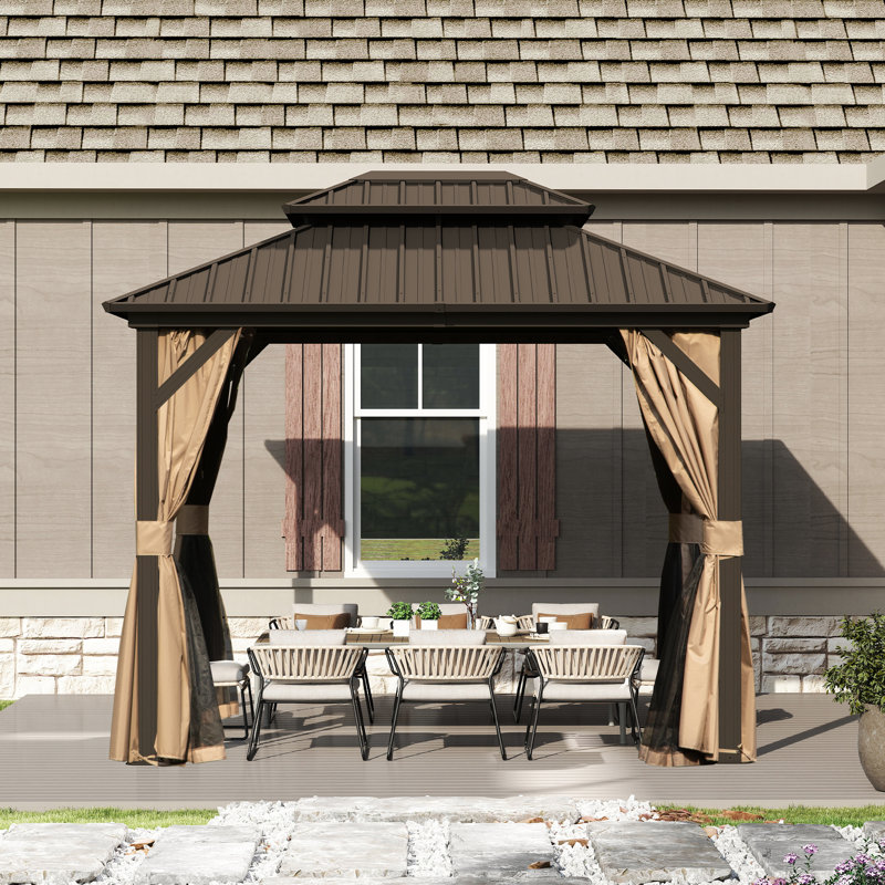 10 Ft. W x 8 Ft. D Aluminum Patio Gazebo with Overhang Slope-design Double Roof, Brown
