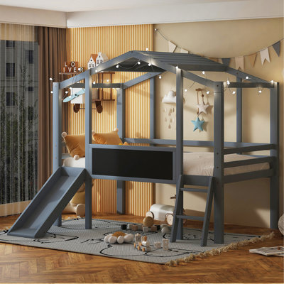 Lit mezzanine simple avec échelle et toboggan, lit maison avec tableau noir et bande lumineuse sur le toit, gris