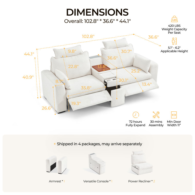 Olar 2-seater Chenille Loveseat Power Recliner Sofa With Headrest Oversized Cloud Modular Sectional Reclining Couch With Table, Storage Drawer