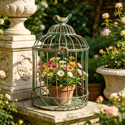 Vintage Birdcage Planter, 11.8" H Rustic Farmhouse Metal Plant Holder, Distressed Decorative Candle Holder for Wedding Centerpieces, Garden Patio Indoor Outdoor Home Decor