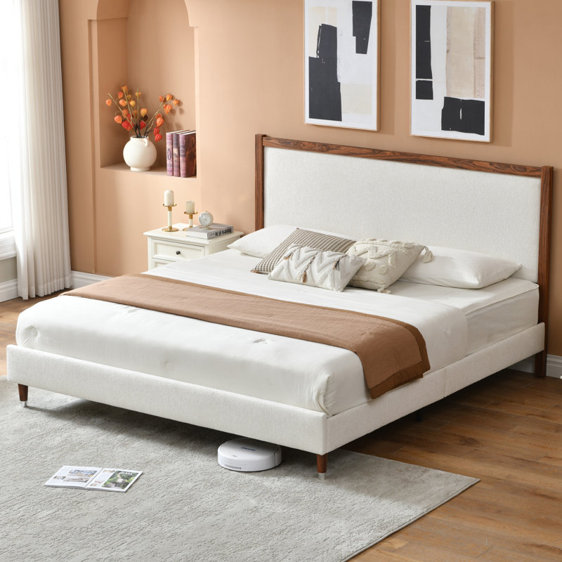 Wooden platform bed with upholstered base, Cream, King