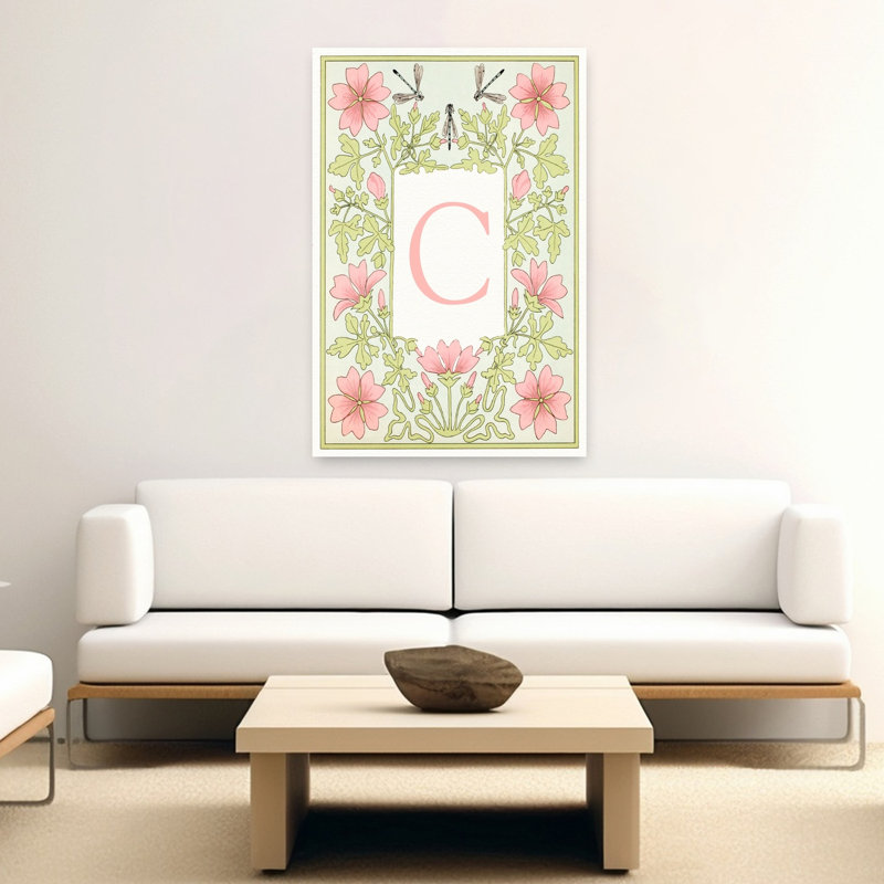 Botanical Initial C Classic Elegant Vintage Dragonfly Flower Nature Wall Art Print 1 Piece Wrapped Canvas Wall Art
