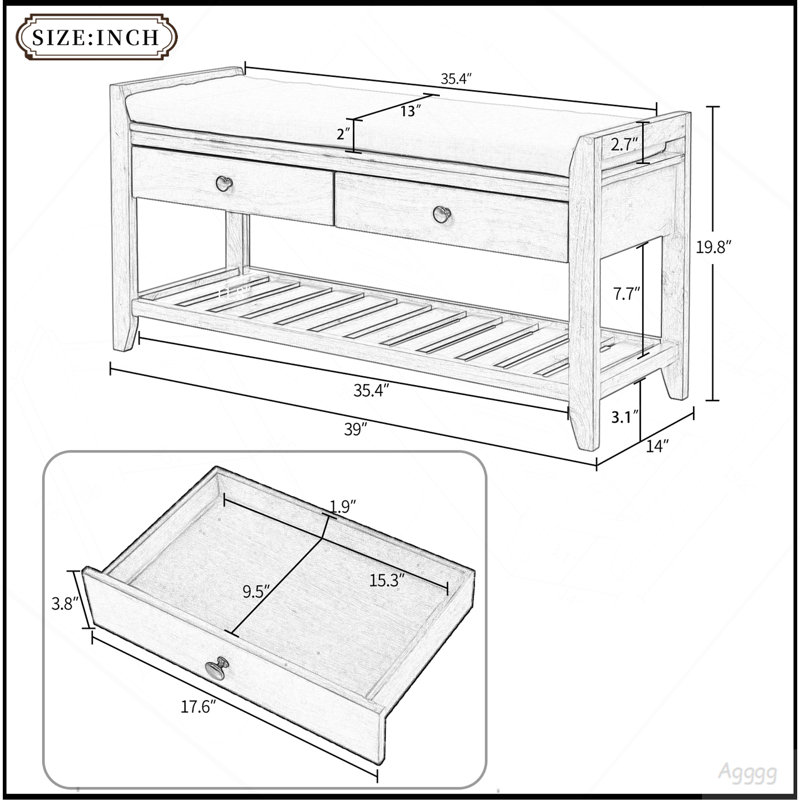 Étagère à chaussures TREXM avec siège rembourré et tiroirs, banc de rangement multifonctionnel pour entrée (gris délavé)