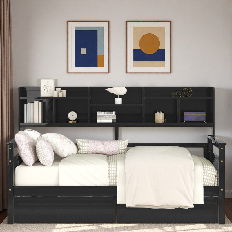 Lit de jour moderne avec tablettes de rangement et 2 tiroirs, Espresso
