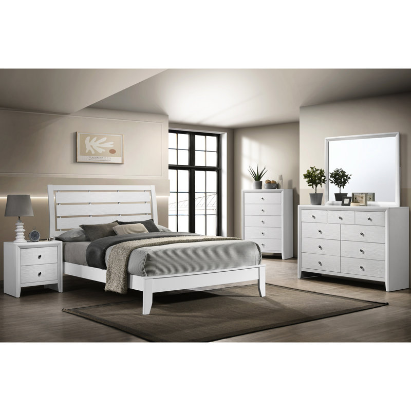 Lit simple de style simple avec une tête de lit blanche d'inspiration géométrique pour un cadre de chambre à coucher de conception géométrique moderne et facile à nettoyer