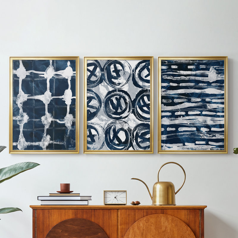 Indigo Memory I - Toile tendue avec châssis sur mesure - 3 pièces, H 21 po x l 30 po, Doré