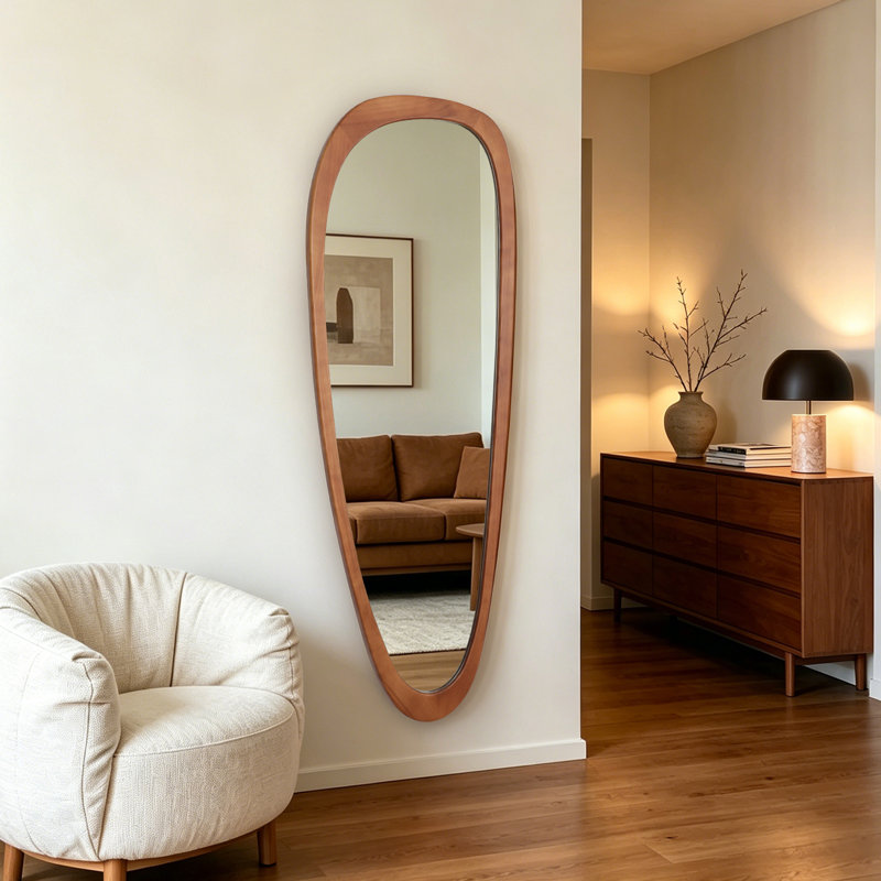 Cotesfield Solid Wood Asymmetrical Accent Mirror, 60" x 22", Walnut