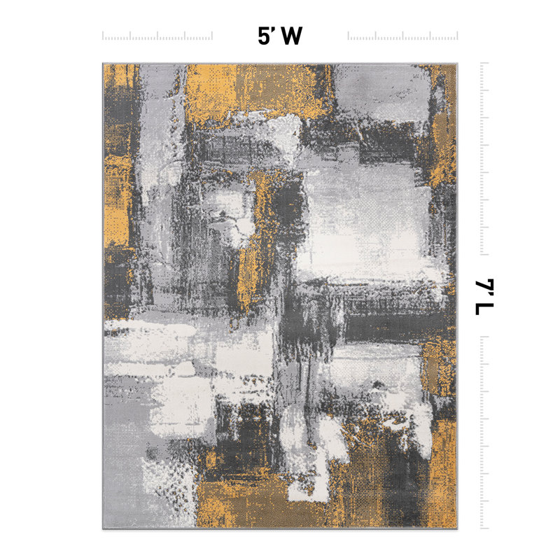 Demeko Abstract Machine Woven Polypropylene Performance Area Rug, Rectangle 5' x 7', Yellow