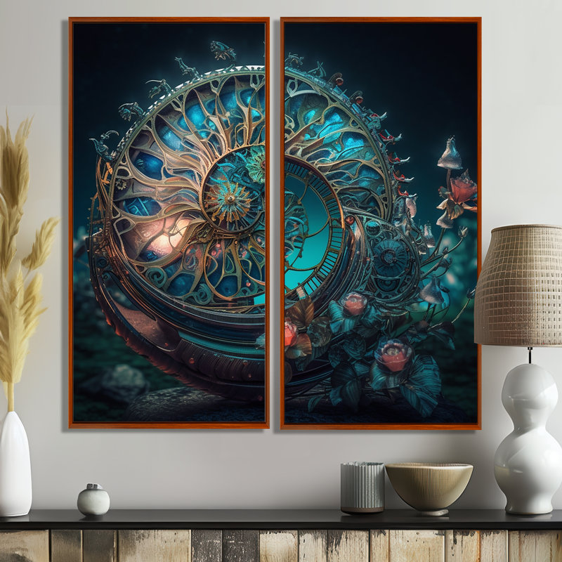 Bioluminescent Spiral Oceanic Astrolabe II - art mural bleu, H 32 po x l 32 po, Impression encadrée flottante, Brun