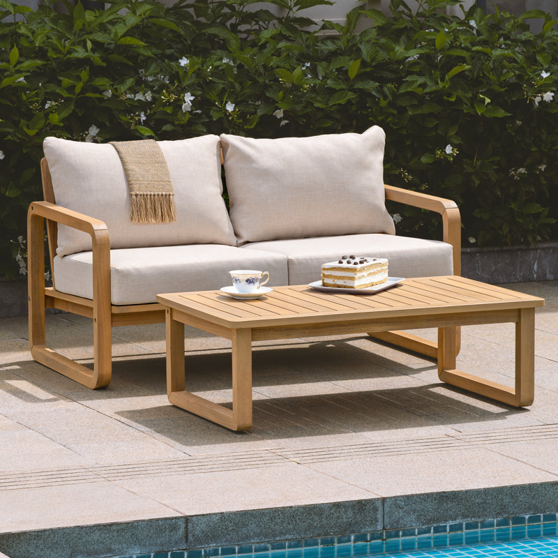 Causeuse de patio Ivy avec table basse et coussin beige, Coussin beige / structure en bois brun