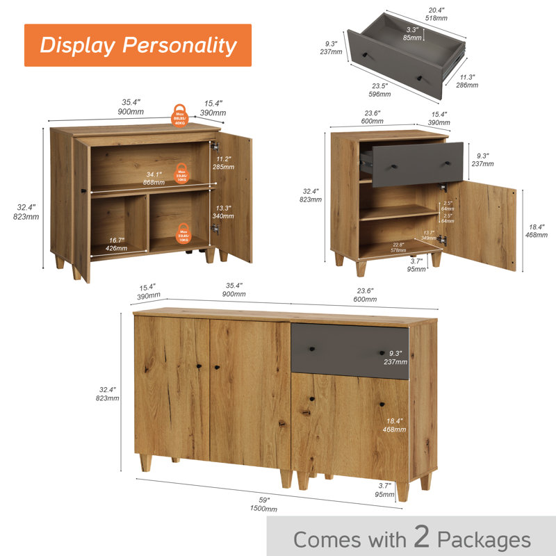 2-In-1 Sideboard Buffet Cabinets With Doors And Drawer, 59", Oak Brown/Dark Grey
