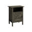 Table d'appoint pour petits salons, look transitionnel, stratifié bronze foncé, espaces compacts peu encombrants et faciles à assembler, rangement fermé à poignée en métal noir