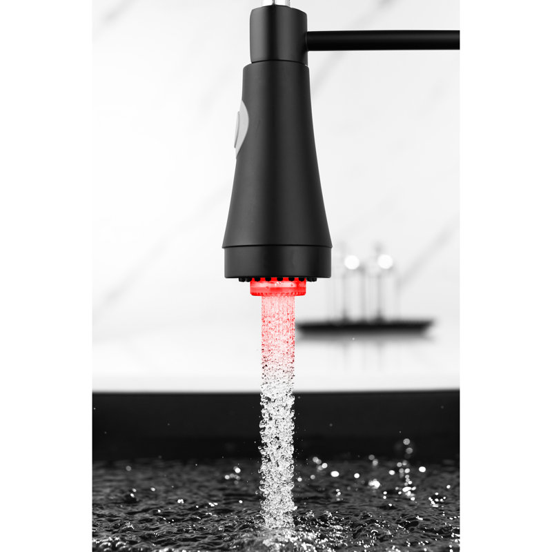 Robinet de cuisine à DEL avec douchette rétractable, poignée simple, noir, rotation à 360 °, robinet noir à nettoyage par l'utilisateur et méthode efficace du temps à 360 degrés
