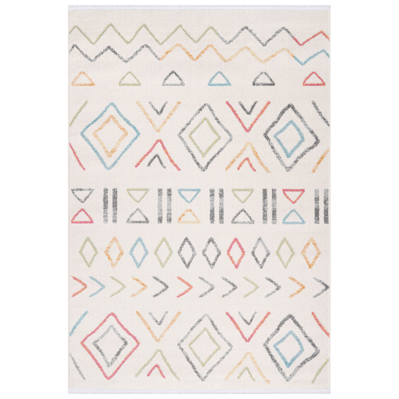 Tapis géométrique rectangulaire tissé à la machine en polypropylène crème / bleu / rouge, Rectangle 5 pi 3 po x 7 pi 7 po