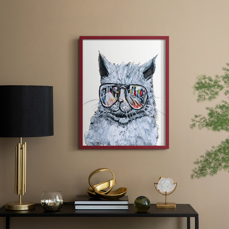 «Kitty with Shades», reproduction encadrée - bois massif, H 11 po x l 9 po, Rouge