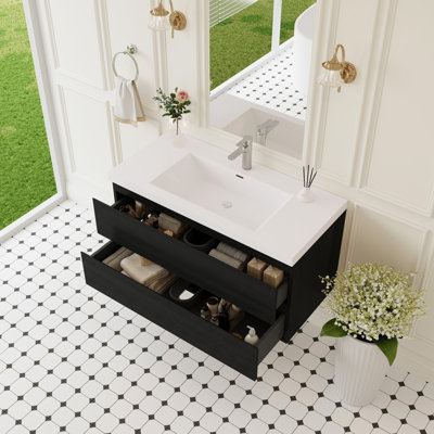 Meuble-lavabo flottant de 42 po avec lavabo à surface solide et comptoir à fermeture en douceur, comptoir en bois entièrement assemblé et armoire de rangement élégante, minimaliste et moderne
