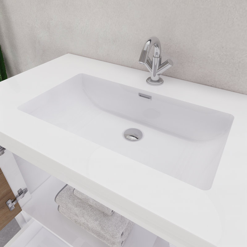 Ensemble de meuble-lavabo simple 35,5 ", Blanc brillant / teck