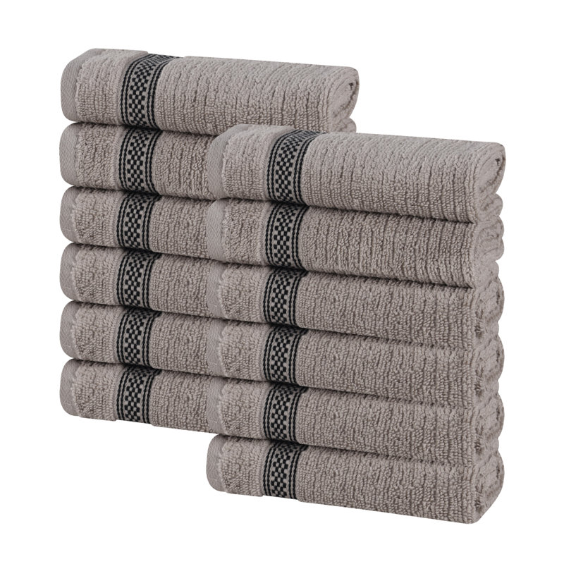 Amanita Zero Twist Cotton Ribbed Modern Geometric Border Soft Face Towel/Washcloth Set, Gray