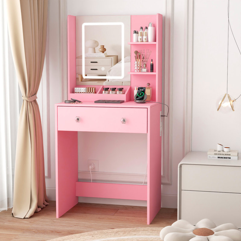 Bureau de coiffeuse avec miroir et lumières, coiffeuse de maquillage avec tiroirs, Rose