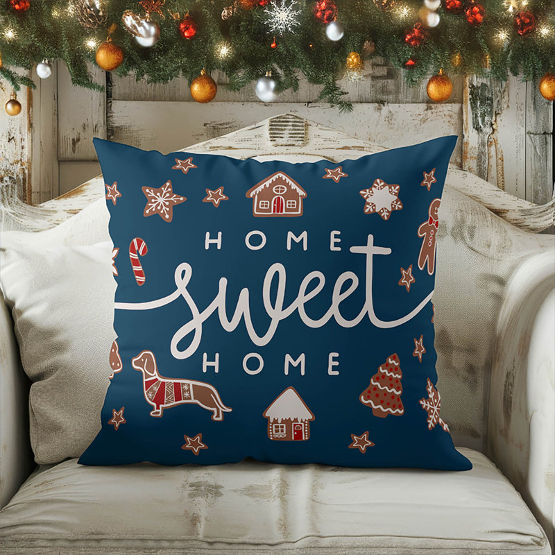 Coussin décoratif Gingerbread Home Sweet Home, Bleu très foncé, Carré 16 po