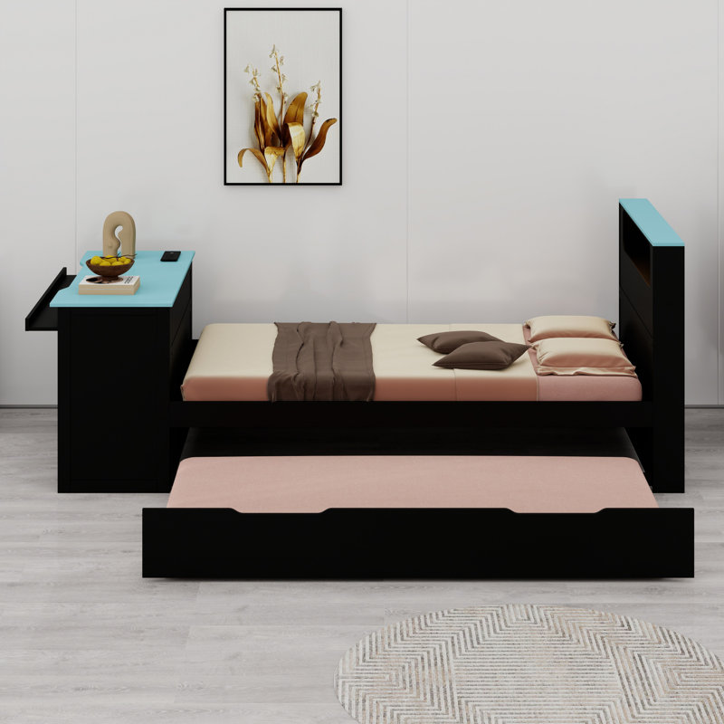 Lit de jour avec couchette, bureau, lumière DEL, Noir + bleu