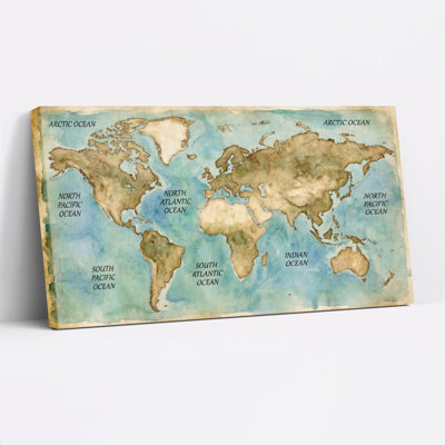 World Map Watercolor Style Canvas Wrapped Wall Art Oil Painting Print Set Of 1