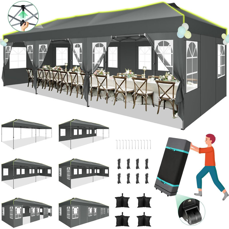 10'Wx30'D Pop Up Canopy, One Push Setup Glow Party Tent, Grey