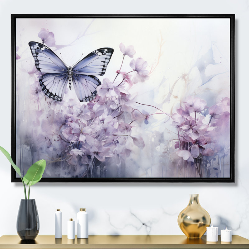 «Mauve papillon enchanté, vol I», art sur toile papillon, 34" H x 44" W, Cadre flottant noir
