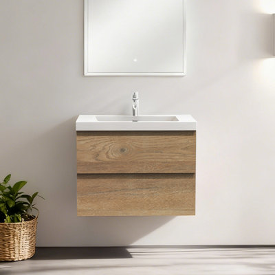 30 in. Wall-Mounted Floating Bathroom Vanity In Natural Oak With White Solid Surface Single Sink Top