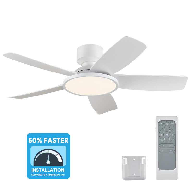 42" Easy-to-Install Modern Flush Mount Low Profile Small Room Ceiling Fan with LED Light and Remote, White