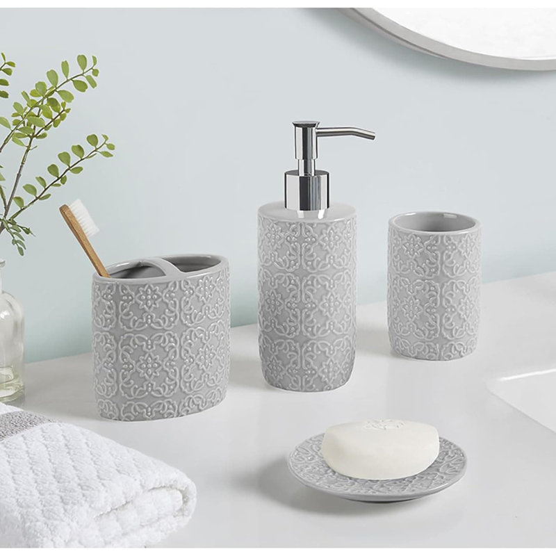 Ceramic Bathroom Set (Embossed Damask Medallion): Dispenser, Toothbrush Holder, Tumbler, Trinket Dish, Grey