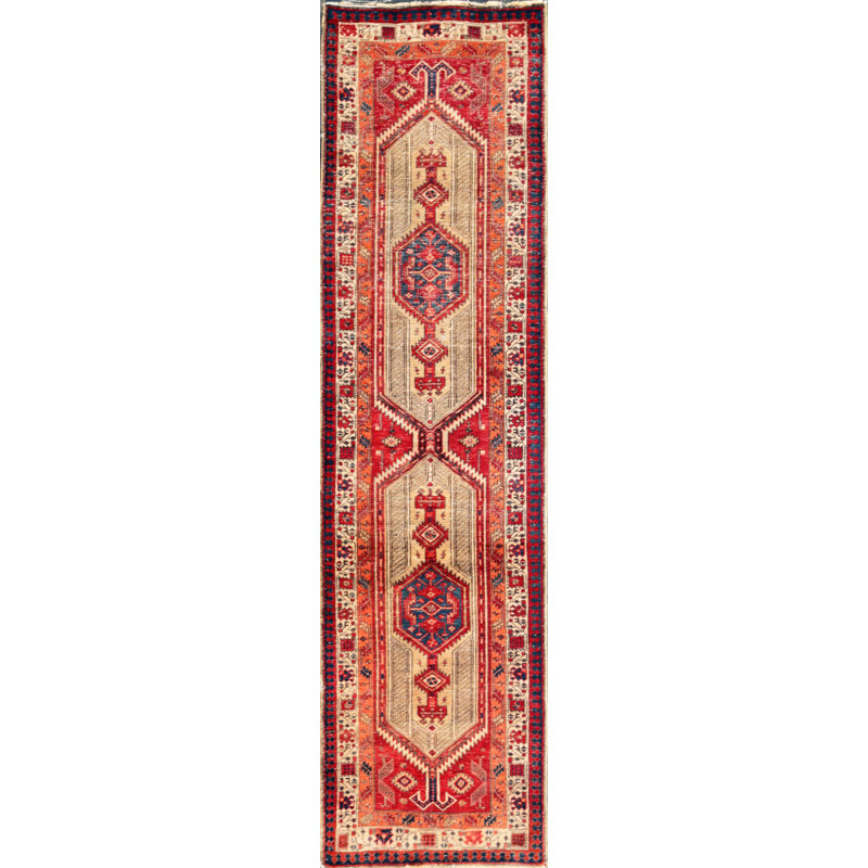 Tapis de couloir oriental bleu marine / rouge / beige en coton noué à la main 3 pi 1 po x 11 pi 9 po Oriental