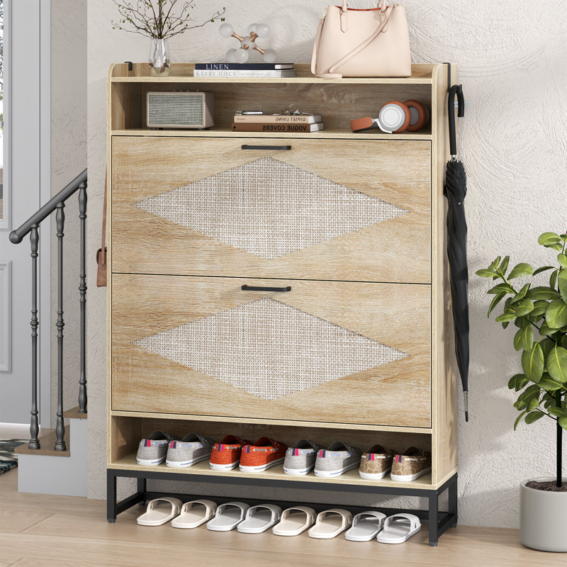 Armoire à chaussures en rotin, armoire à chaussures avec 2 tiroirs rabattables, rangement à chaussures dissimulé avec casiers supérieur et inférieur