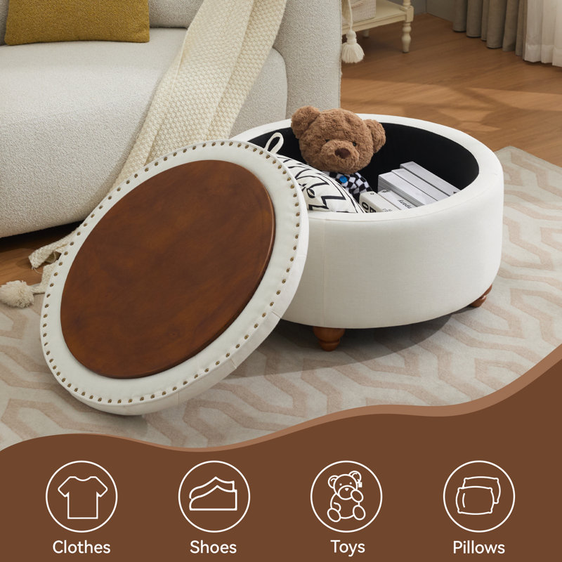 Beige Linen Upholstered Round Storage Ottoman with Wooden Tray Top