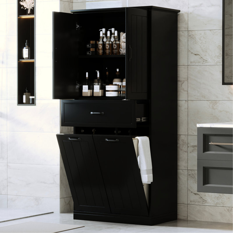 Armoire de rangement pour salle de bain - Noir avec 2 appareils de lessive et basculement peint, Noir