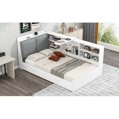 Wood Twin Size Platform Bed With Storage Headboard, Shelves And 2 Drawers