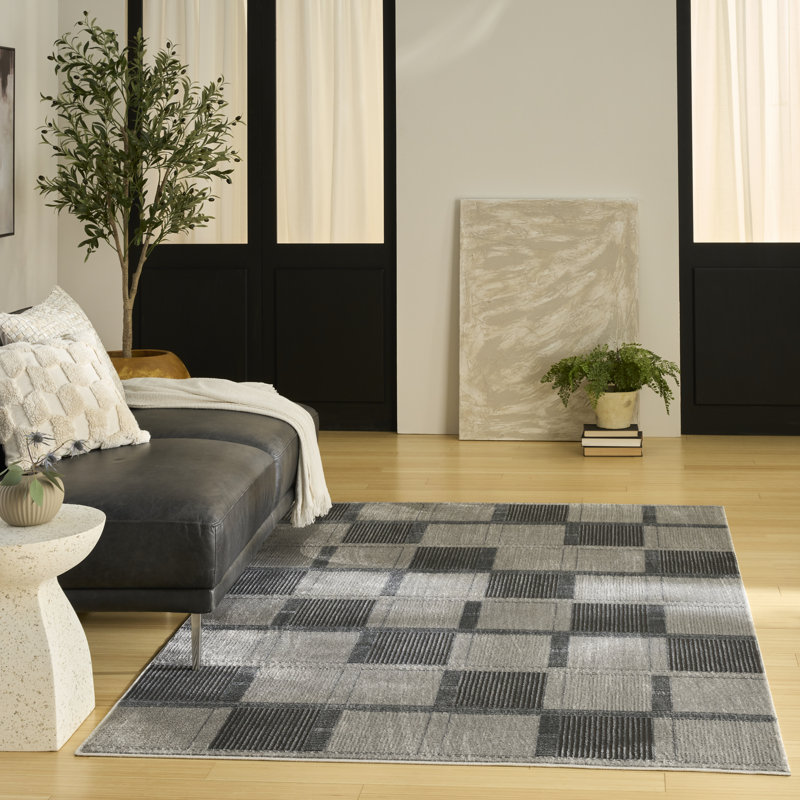 Alisah Geometric Machine Made Area Rug, Rectangle 152 x 213 cm, Grey Black