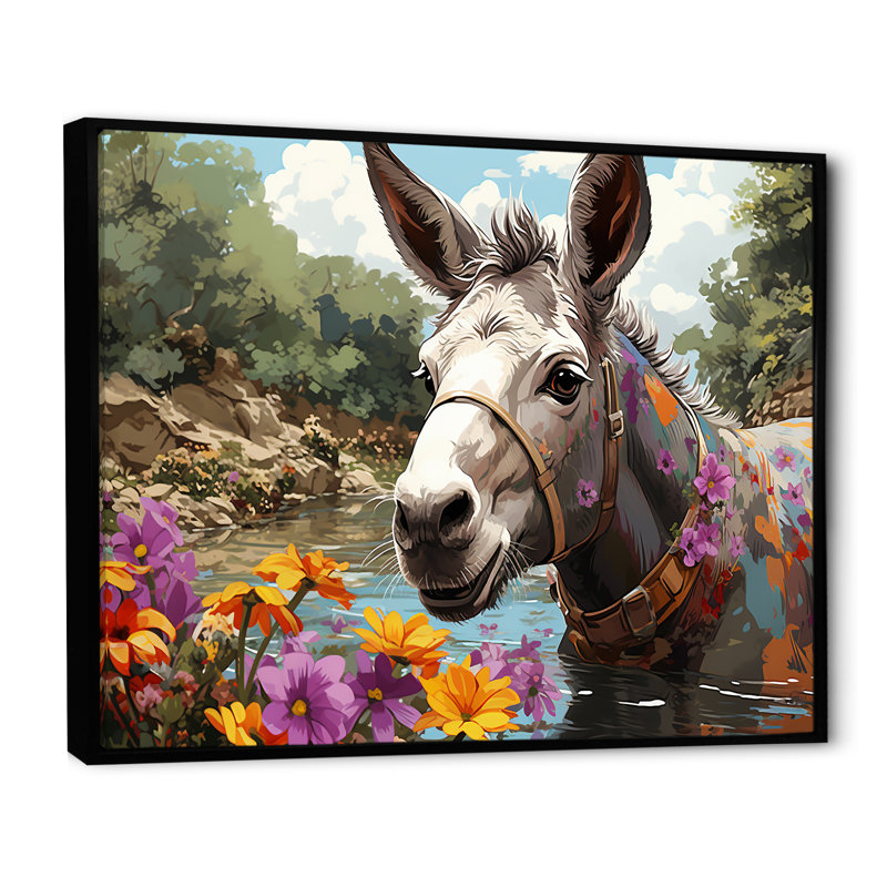 Farmhouse Donkeys Flower Charm III - âne, art mural, Cadre flottant noir, H 34 po x l 44 po x P 1,5 po