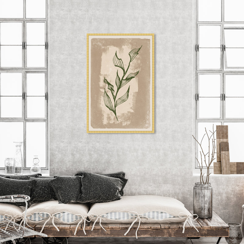 Feuilles illustrées II - peinture sur toile, H 45 po x l 30 po, Papier avec cadre doré
