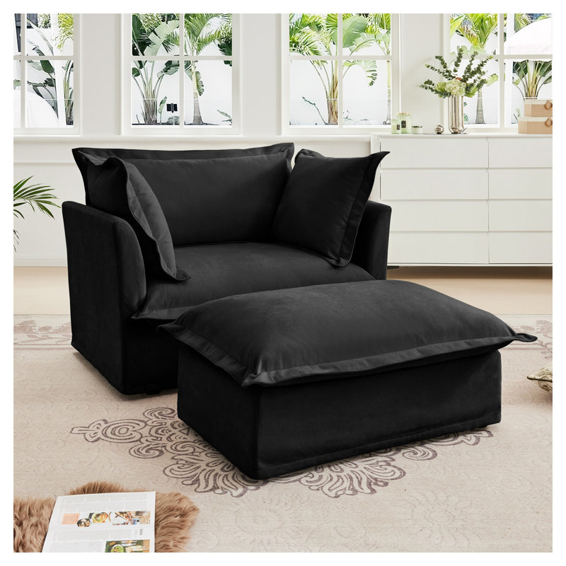 Ensemble de 2 fauteuils surdimensionnés avec repose-pieds et housse amovible en chenille noire avec repose-pieds