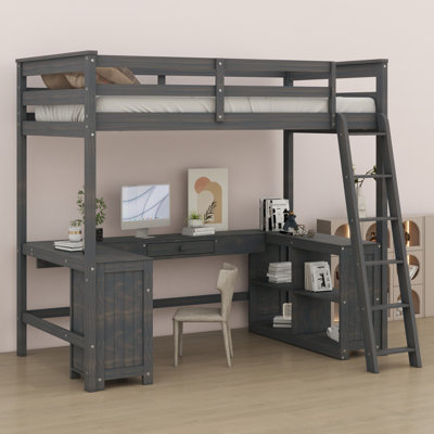 Lit mezzanine avec bureau en U, tiroirs et tablettes de rangement