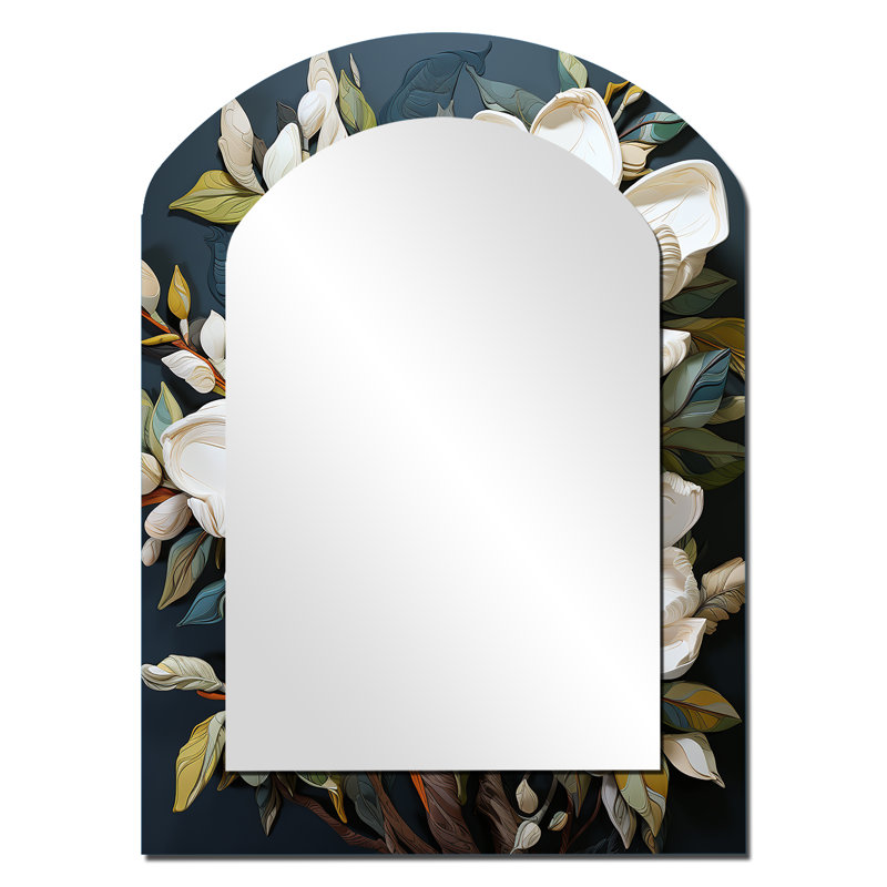 Blanc blanc jaune Magnolias Southern Charm Patchwork - miroir asymétrique Magnolias, miroir mural décoratif arche blanche, impression d'art en métal