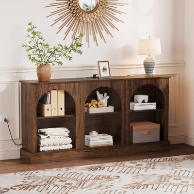 63-Inch Mid-Century Modern Media Console with Charging Station, Rustic Brown Entertainment Center for 70" TVs
